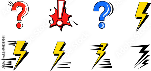 Pop art collection of superhero-themed icons including lightning bolts and punctuation for dynamic graphic design