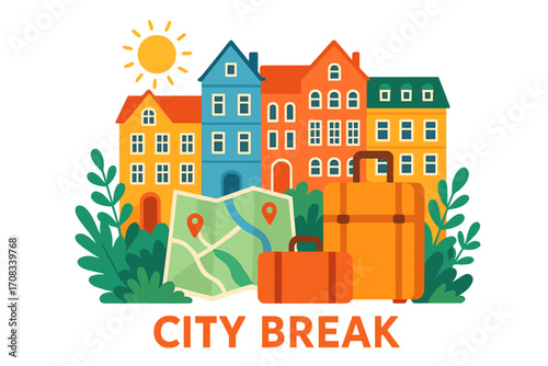 Colorful cityscape with suitcases and map for city break travel
