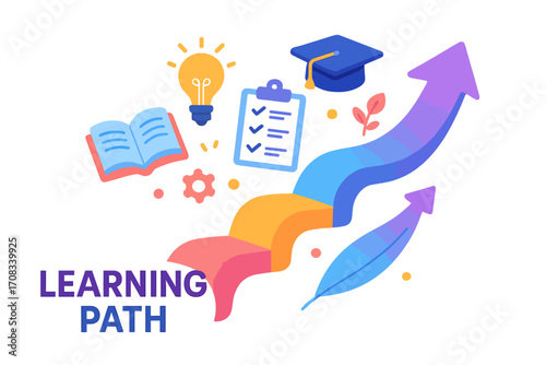Colorful learning path graphic with book, diploma, and checklists Learning path