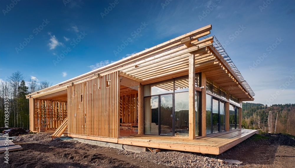 Obraz premium modern wooden house project transforming into a finished building
