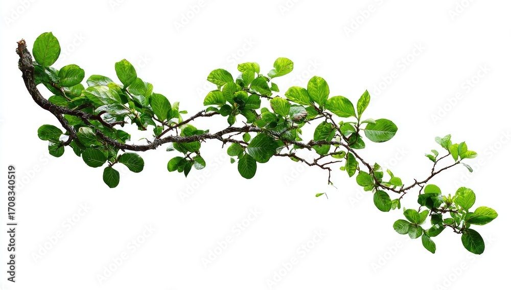 Obraz premium A slender branch with vibrant green leaves extends horizontally against a white background