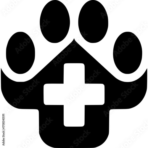 Veterinary care: A symbolic representation of animal health, a paw print incorporates a medical cross symbolizing veterinary care and compassion. 