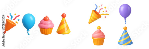 Vibrant birthday party items with balloons, sweets, and festive accessories