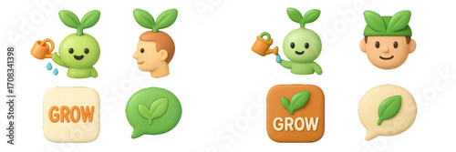 Green sprout character tending to plant and human head with foliage