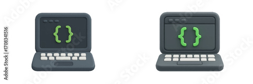 Stylized laptops showing green curly braces on dark screens