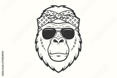 Monochrome gorilla portrait wearing stylish sunglasses and a bandana looks strikingly cool and confident