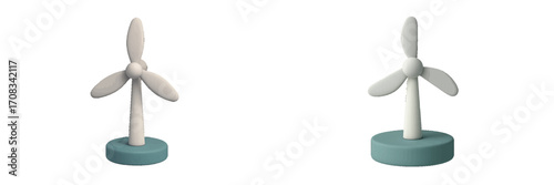 Three-bladed wind turbine on teal base, isolated on white