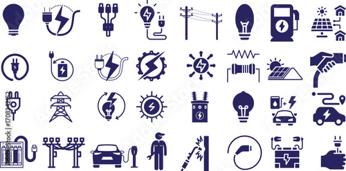 Collection of various electrical icons. Featuring a light bulb, plug, charging, power outlet, solar panel, and more