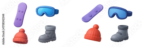 Winter sports gear: snowboards, goggles, hats, and boots