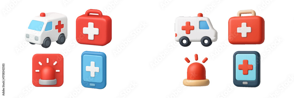 Obraz premium Emergency medical symbols: ambulance, first aid, siren, and health cross on phone
