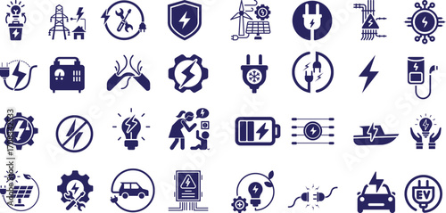 Electrycity and energy icons set. Featuring a light bulb, plug, charging, power outlet, solar panel, and more