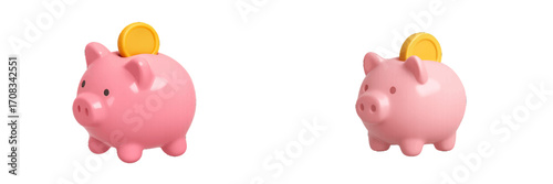 Pink piggy bank with gold coin, isolated on white