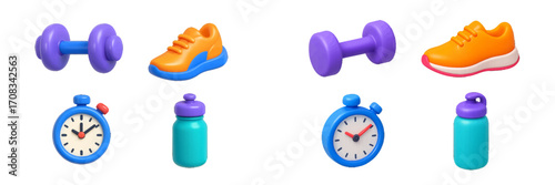 Vibrant 3D fitness equipment and accessories collection