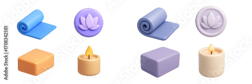 Spa and wellness objects collection with yoga mat, lotus symbol, and candle