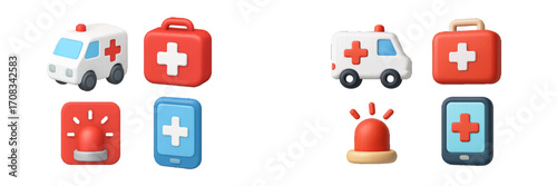 Emergency medical symbols: ambulance, first aid, siren, and health cross on phone