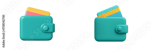 Turquoise wallet holding credit cards, realistic 3D render