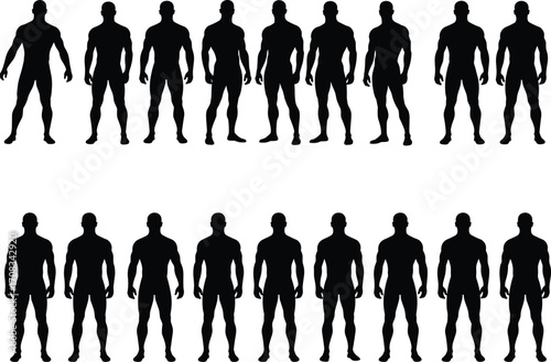 Male body silhouettes collection, muscular man vector illustration, standing poses for fitness, anatomy, bodybuilding, black graphic design elements, athletic figure icons, health, workout