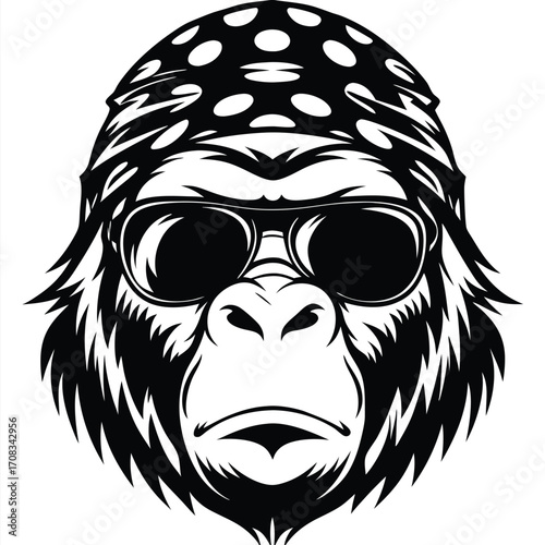 Monochrome gorilla with a bandana and sunglasses is looking sternly at the viewer