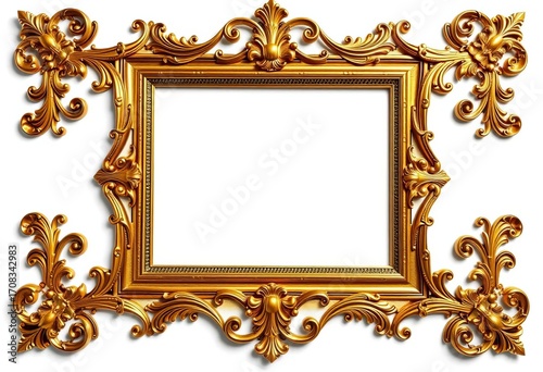 Elegant golden photo frame, ornate design, isolated on white,  metallic,  blank