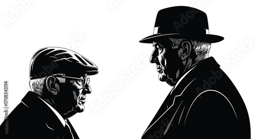 Two elderly men in hats face each other in a black and white illustration