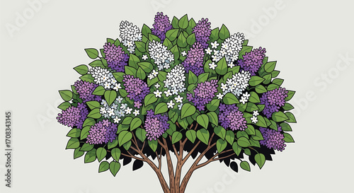 Illustration of a lilac tree with purple and white flowers, a charming botanical drawing for spring and summer designs