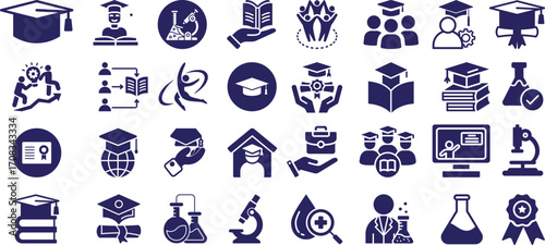 Education icons set, ideal for educational purposes or designs. Graduation, academy, lab, microscope, school.