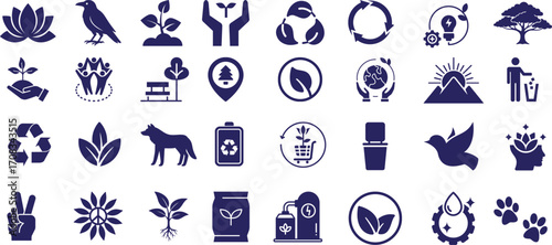 Nature and ecology icons set. Leaf, plant, environment, animals premium icons. Representing various concepts related to environmental conservation and sustainability.