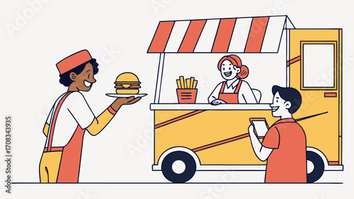 Food truck serving a customer fast food outdoor dining people interacting food preparation service industry.