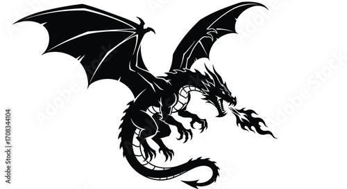 Fierce dragon breathing fire silhouette, a mythical creature with wings and scales in black color