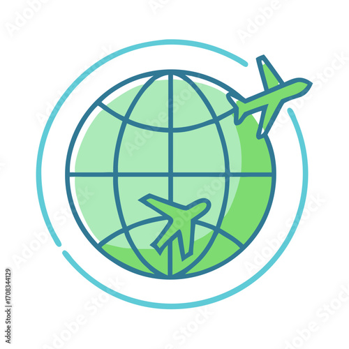 Global Travel and Aviation Icon with Airplanes Circling the World.