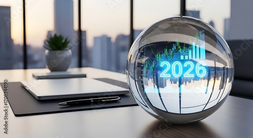 Crystal ball displaying future year 2026 with city skyline reflection on office desk
