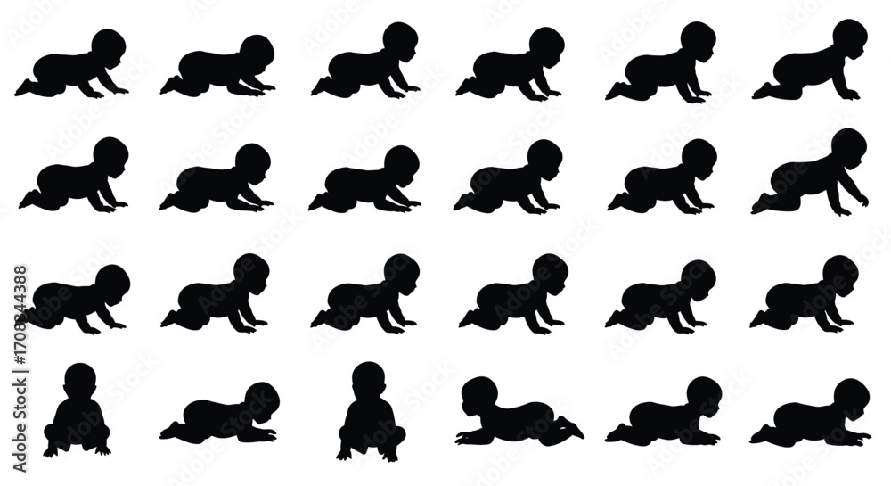 Naklejka premium Silhouette of baby crawling in various positions for development milestones and parenting themes