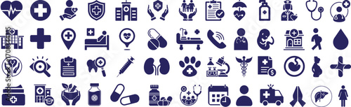 Health and medical icons set, medical and healthcare symbols. Representing various aspects of health, these icons convey concepts of care and treatment.