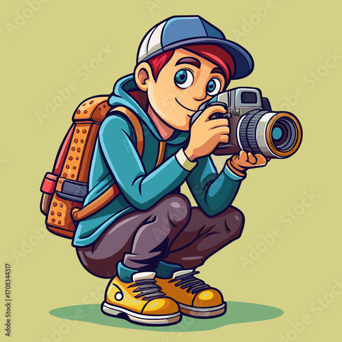 Photographer in disguise capturing a moment with intense focus and stealth.
