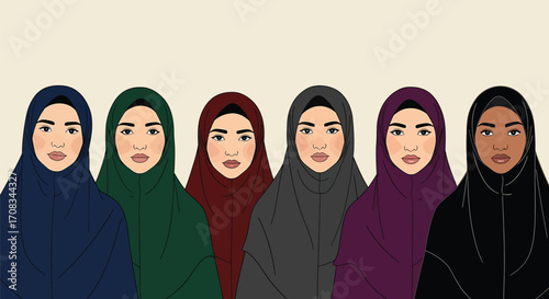 Diverse group of muslim women wearing hijab, , a symbol of islamic culture