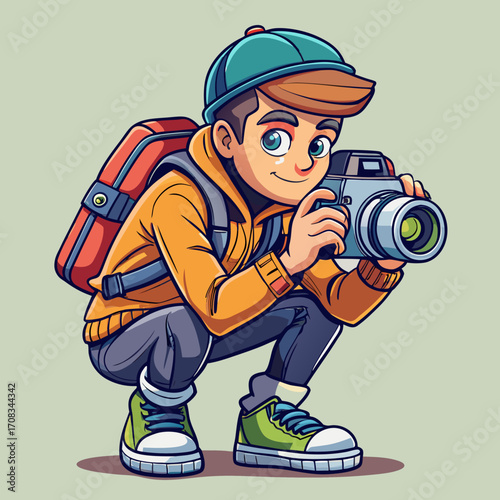 Young Male Photographer with Camera and Backpack.