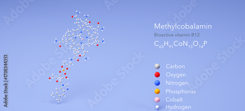 Fototapeta Naklejka Na Ścianę i Meble -  methylcobalamin molecule, molecular structure, bioactive vitamin b12 3d model, Structural Chemical Formula and Atoms with Color Coding