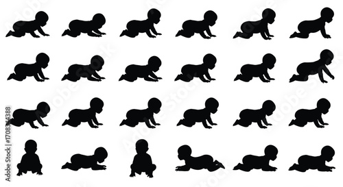 Silhouette of baby crawling in various positions for development milestones and parenting themes