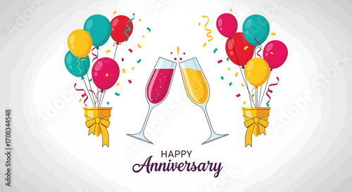 Festive anniversary celebration with champagne toast and colorful balloons for special occasion greetings