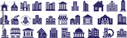 A collection of building icons. Real estate icons set. House, Buildings, Bank, Architecture, and Tower Icons