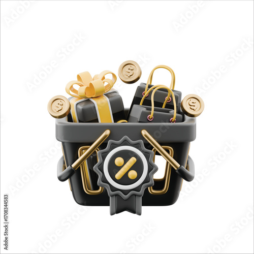 A lavish black and gold shopping basket overflowing with presents and purchases, featuring a prominent discount emblem for a major sales promotion