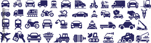 Vehicles And Transportation Icons Set. Cars, Bus, Truck, Cranes, Train, Airplane, Scooter, Bike, Bicycle, Motorcycle, JCB Icons