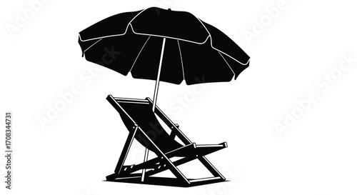 Monochrome illustration of a beach chair and umbrella, perfect for summer vacation and relaxation themes