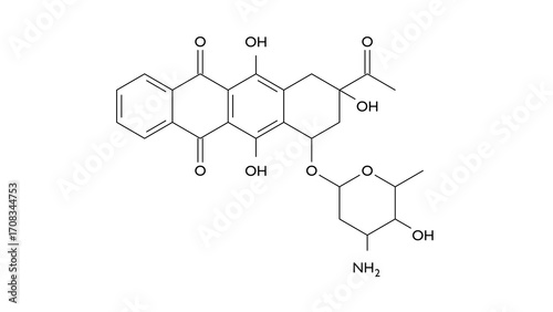 idarubicin molecule, structural chemical formula, ball-and-stick model, isolated image antineoplastic agent
