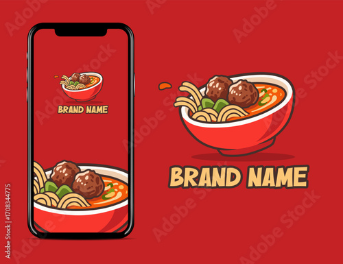 meatball and noodle logo design illustration