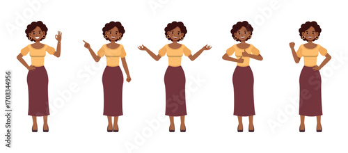 Business woman wear yellow shirt and long purple skirt, brown curly hair character vector illustration design set. Women express positive emotions happiness, pride, joy, encouragement.