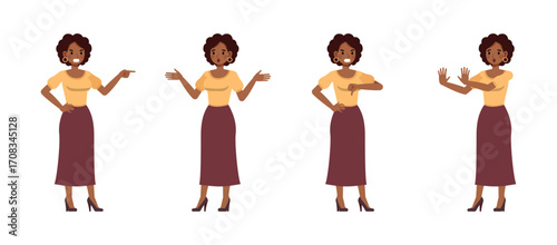 Business woman wear yellow shirt and long purple skirt, brown curly hair character vector illustration design set. Women expressing anger and sadness.