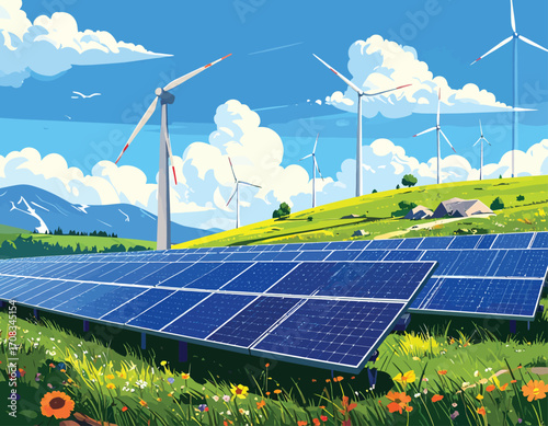 Sustainable Energy Landscape with Solar Panels and Wind Turbines.