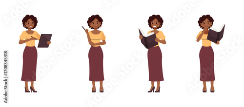 Business woman wear yellow shirt and long purple skirt, brown curly hair character vector illustration design set. Women with book, reading and showing idea.