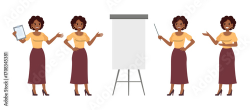 Business woman wear yellow shirt and long purple skirt, brown curly hair character vector illustration design set. Women working and presentation in various action